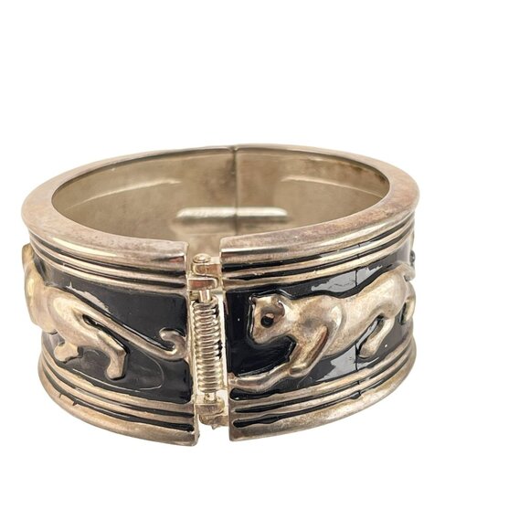 Walking Leopard Enamel and Silver Plate Bangle Bracelet Hinged Black Silver - Picture 3 of 6